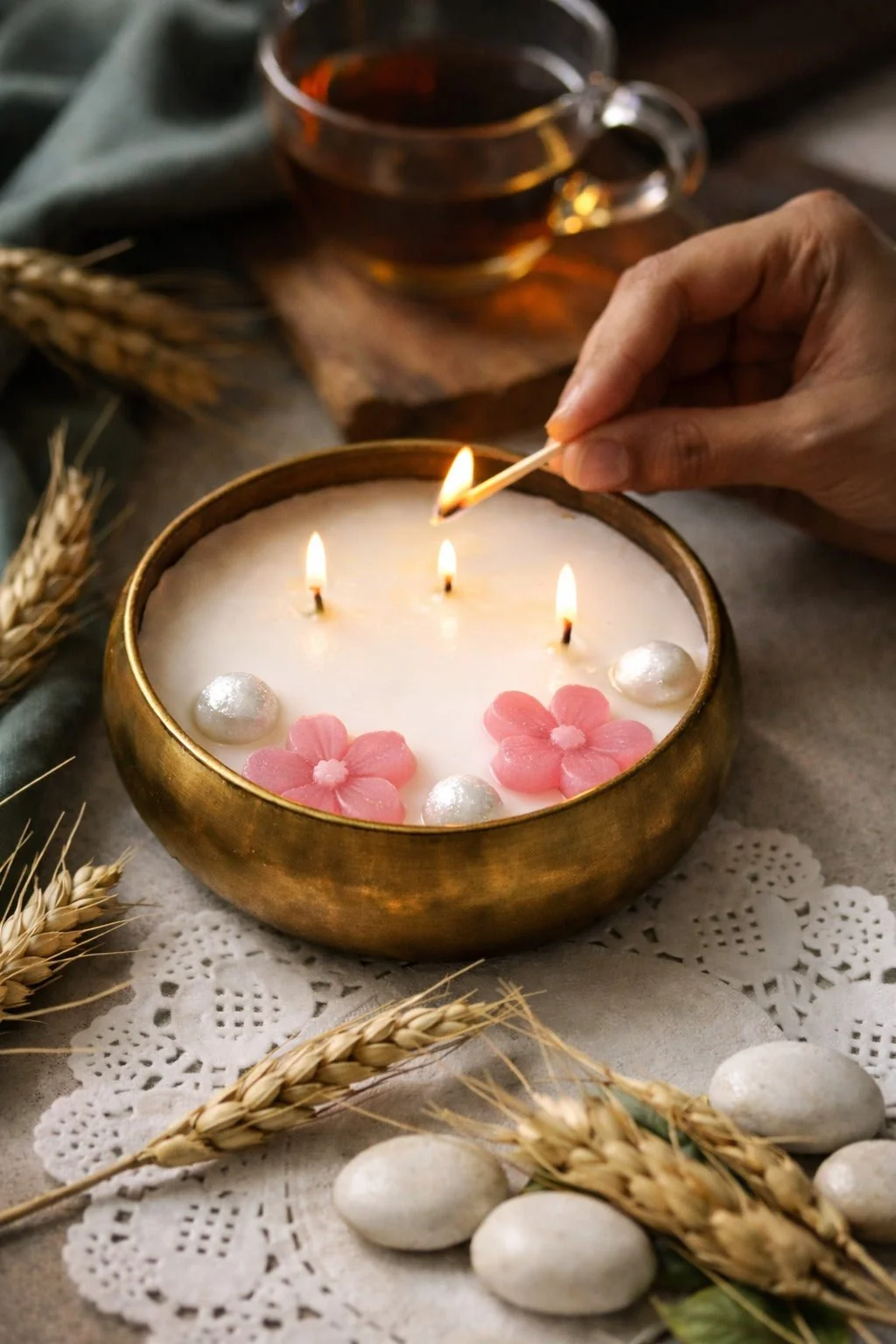 Handcrafted floral candle in a brass bowl